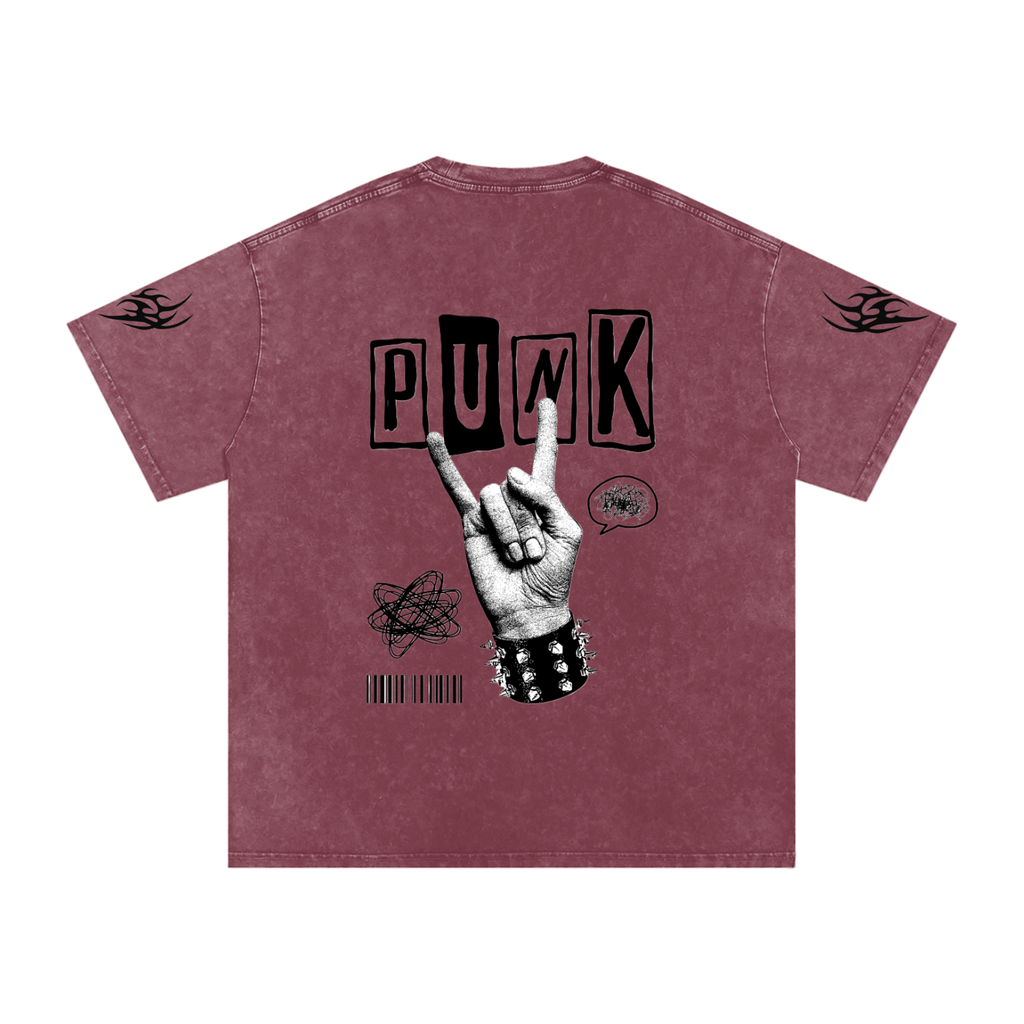 Maroon punk t-shirt with 'PUNK' graphic, rock hand sign, spiked wristband, and tribal sleeve prints
