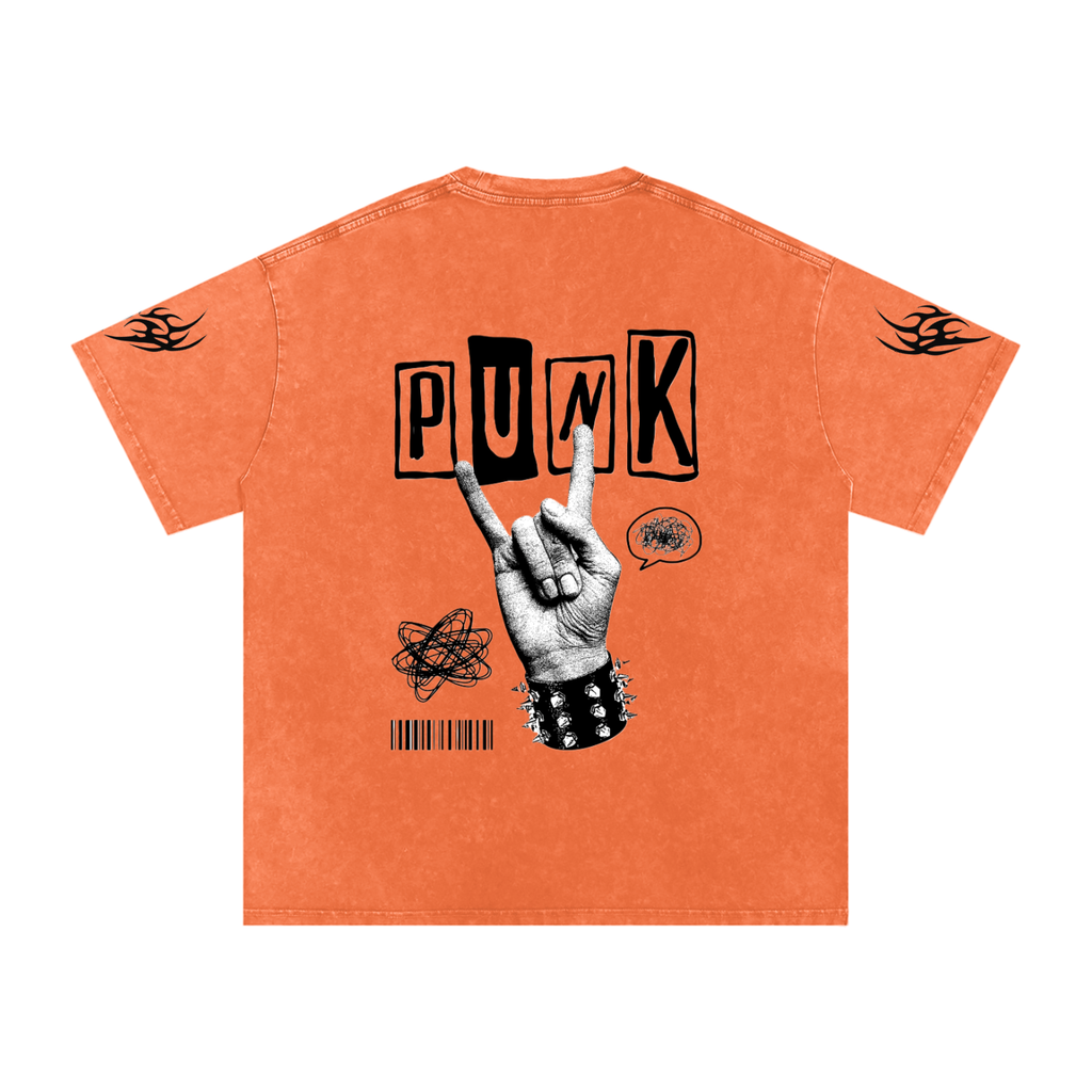 Orange punk graphic tee with 'PUNK' text, rock hand sign, flame sleeves, and studded wrist design
