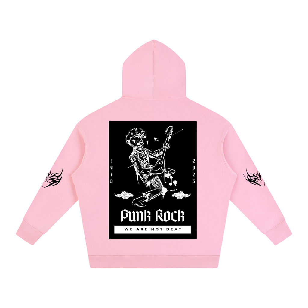 Pink hoodie with punk rock skeleton graphic, 'Funk Rock' text, and flame designs on sleeves