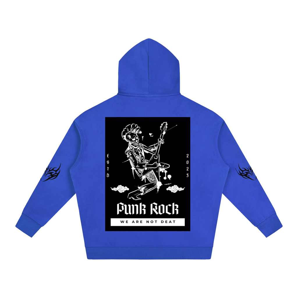 Blue hoodie with punk rock skeleton graphic, 'Funk Rock' text, and flame designs on sleeves