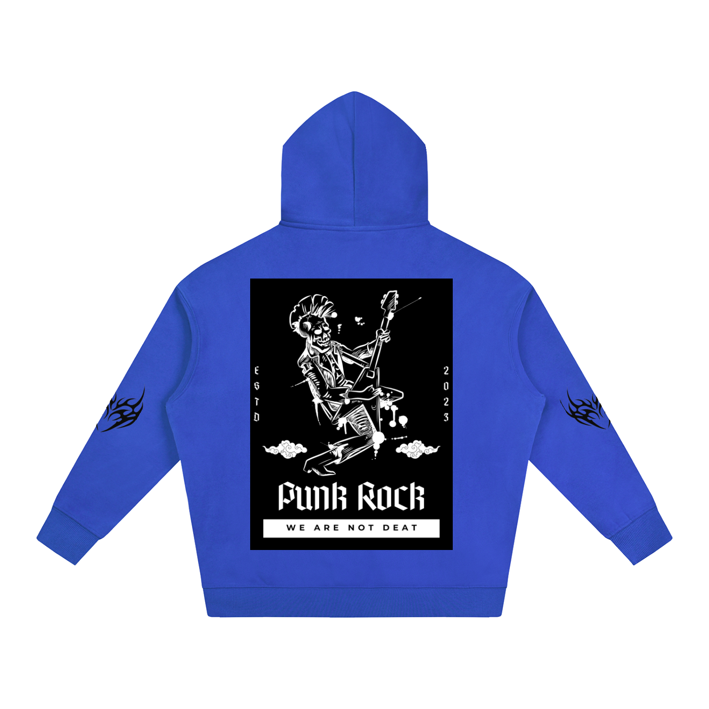 Blue hoodie with punk rock skeleton graphic, 'Funk Rock' text, and flame designs on sleeves