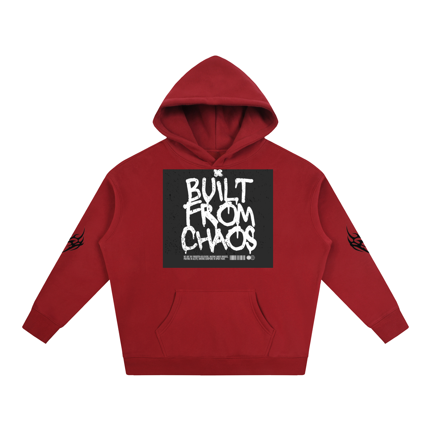 Red hoodie with 'Built From Chaos' graphic print and sleeve flame designs, streetwear style