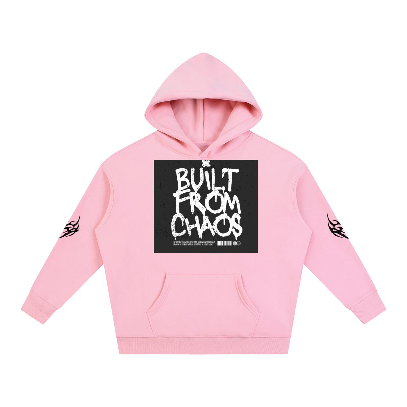 Pink hoodie with 'Built From Chaos' graphic print and tribal sleeve designs, streetwear style