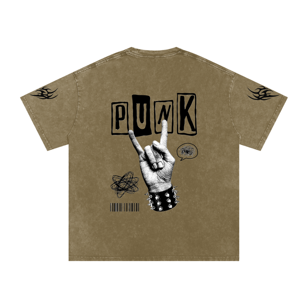 Tan punk rock t-shirt with 'PUNK' graphic, hand gesture, and flame sleeve details