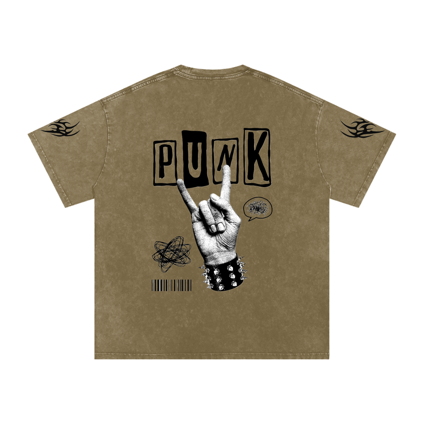 Tan punk rock t-shirt with 'PUNK' graphic, hand gesture, and flame sleeve details