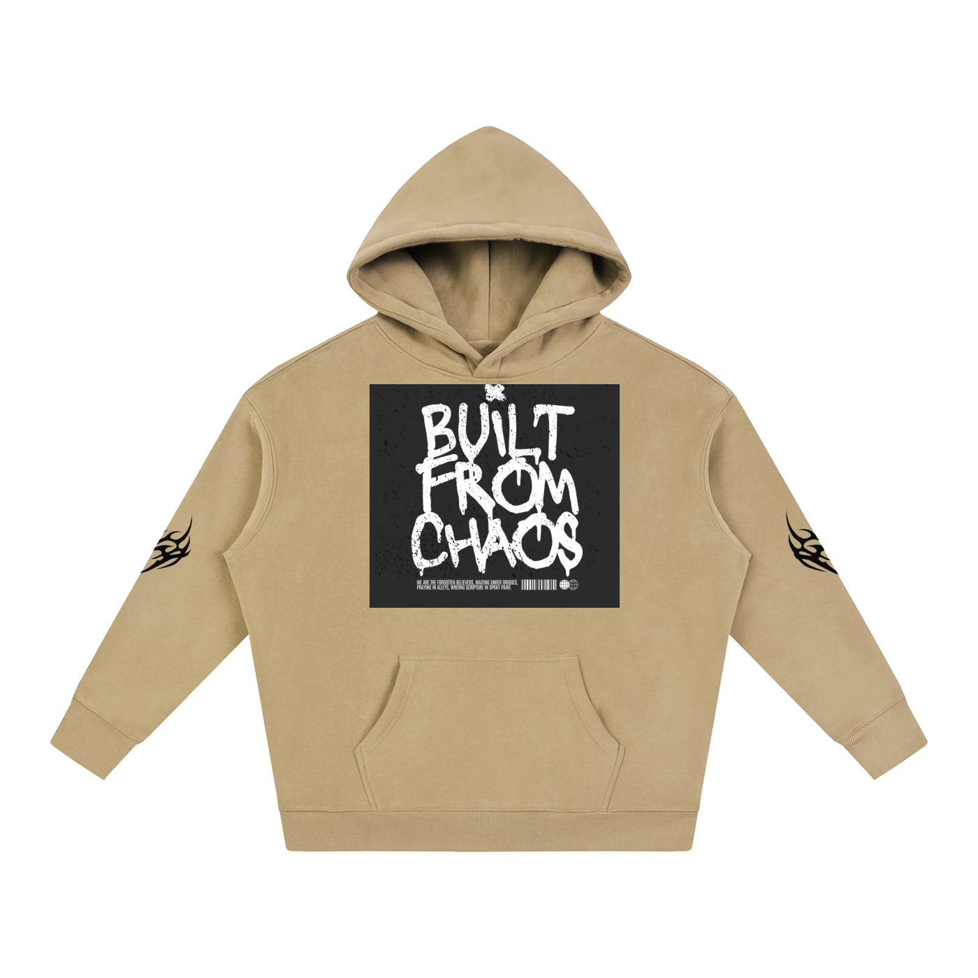 Tan hoodie with 'Built From Chaos' graphic print and tribal sleeve designs, streetwear style