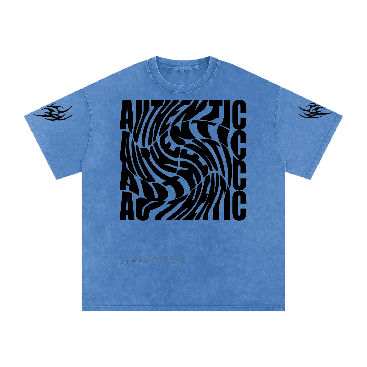 Blue graphic tee with bold 'AUTHENTIC' swirl print and tribal sleeve details, streetwear style