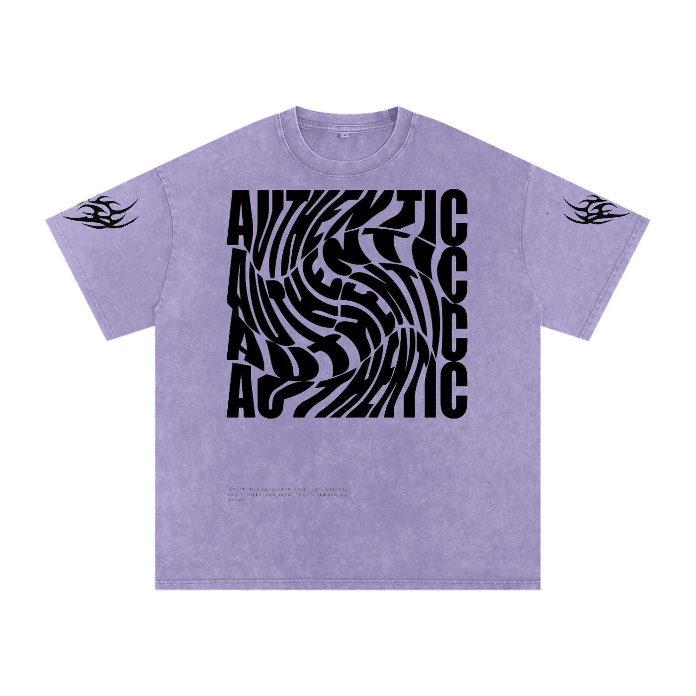 Purple graphic tee with bold 'AUTHENTIC' swirl print and tribal sleeve designs, oversized fit