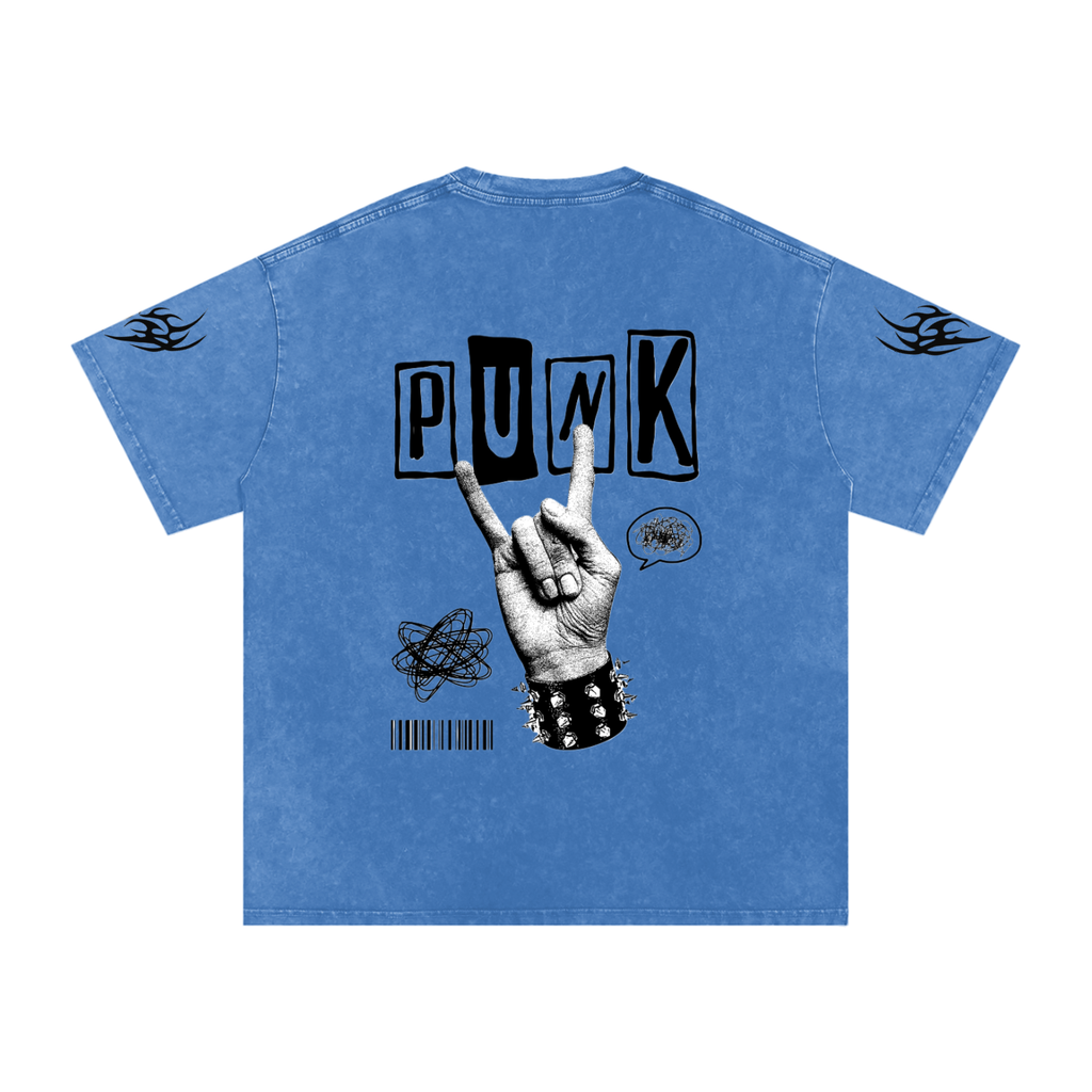 Blue punk graphic tee with 'PUNK' text, rock hand sign, spiked wristband, and flame sleeve details