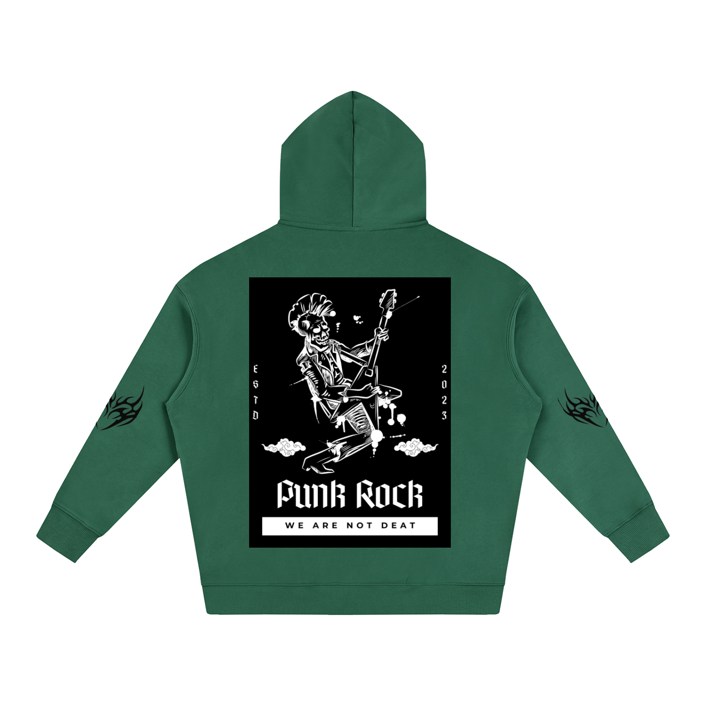Green hoodie with punk rock skeleton graphic, 'Funk Rock' text, and flame designs on sleeves