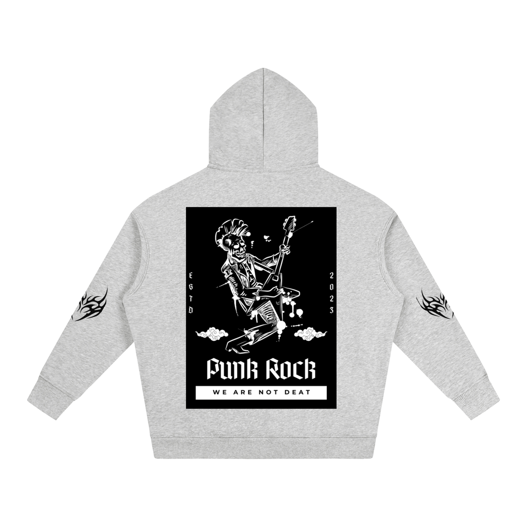 Gray hoodie with punk rock skeleton graphic, flame sleeves, 'Funk Rock' text, and 'We Are Not Dead' slogan.