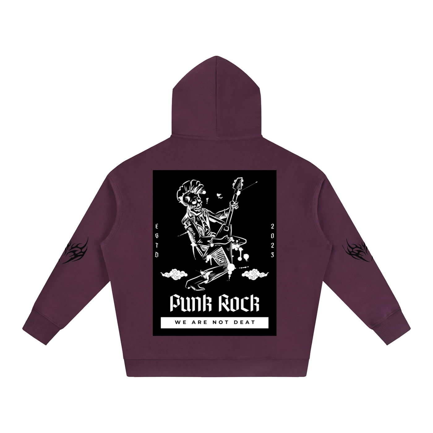 Purple hoodie with punk rock skeleton graphic, 'Funk Rock' text, and flame details on sleeves
