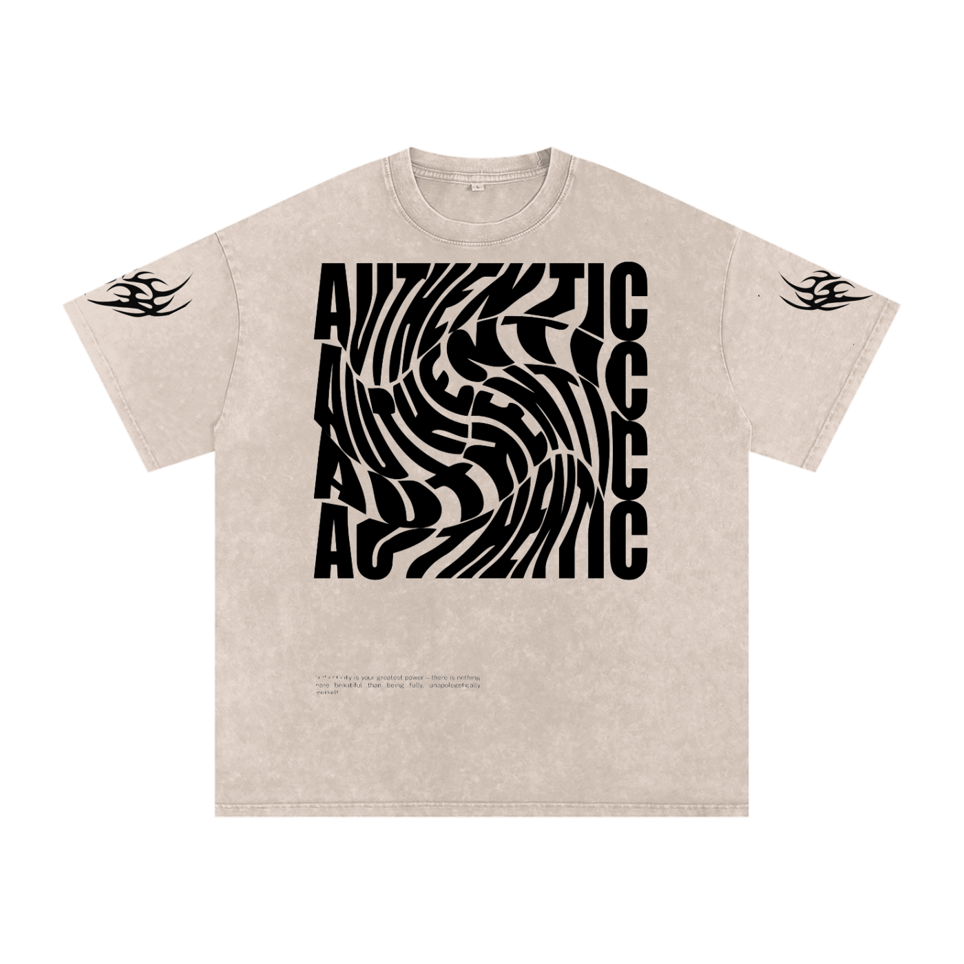 Beige graphic tee with bold 'AUTHENTIC' spiral print and tribal sleeve designs, streetwear style