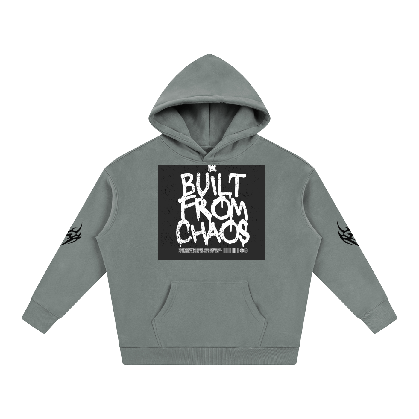 Gray hoodie with 'Built From Chaos' graphic print and tribal sleeve designs, streetwear style