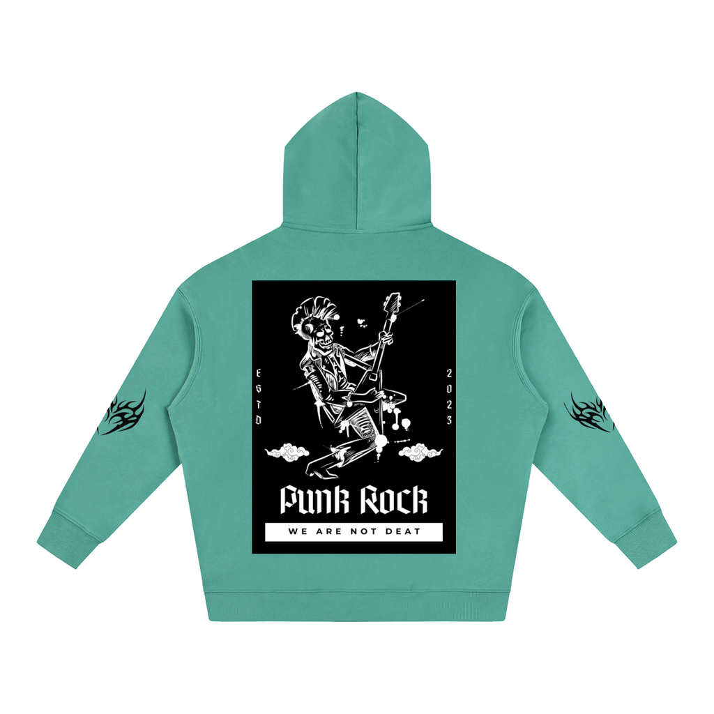 Teal hoodie with punk rock skeleton graphic, 'Funk Rock' text, and flame designs on sleeves