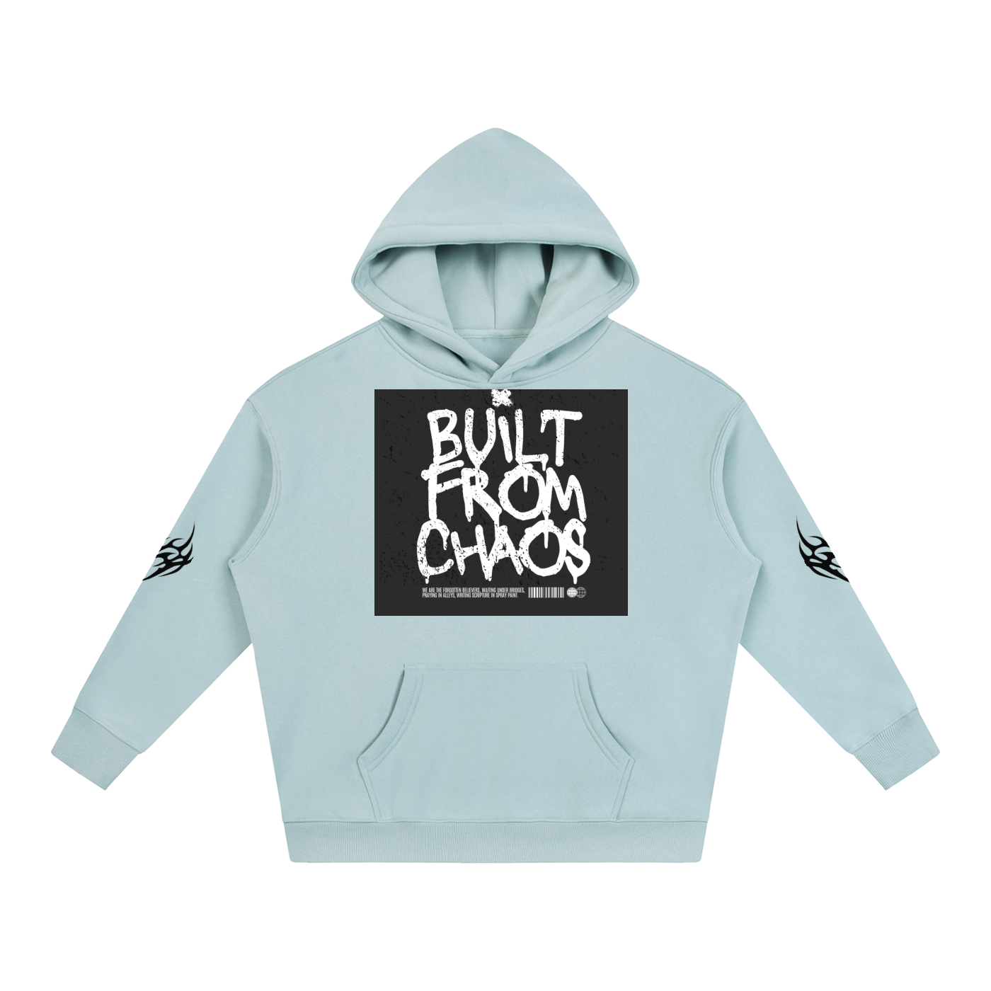 Light blue hoodie with 'Built From Chaos' graphic print and flame designs on sleeves, front view
