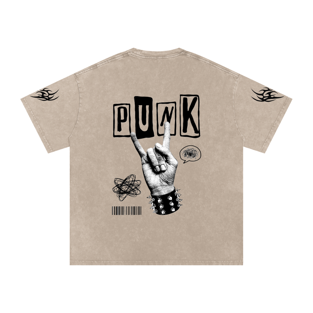 Beige punk t-shirt with bold 'PUNK' print, rock hand gesture, spiked wristband, and tribal sleeve designs