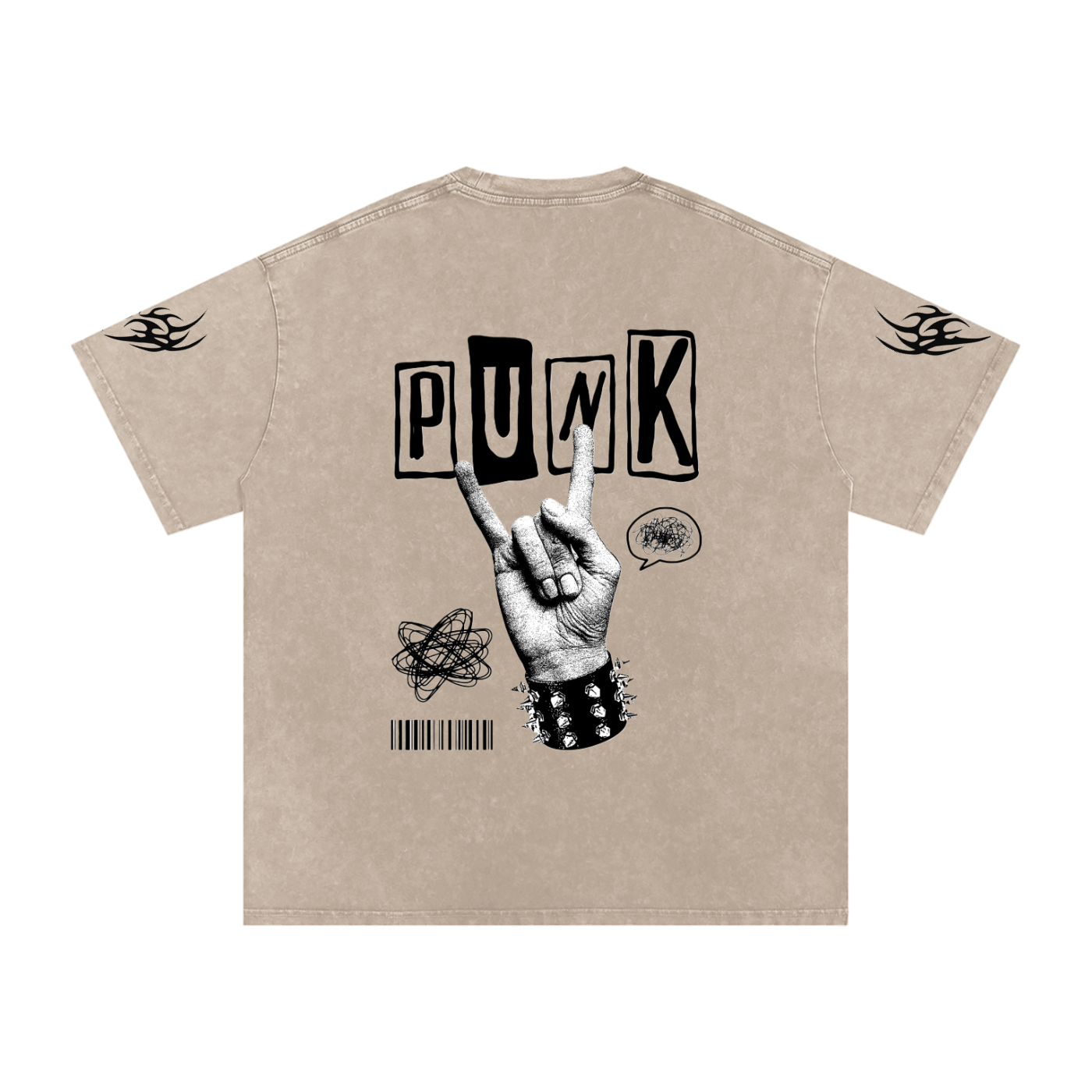Beige punk t-shirt with bold 'PUNK' print, rock hand gesture, spiked wristband, and tribal sleeve designs