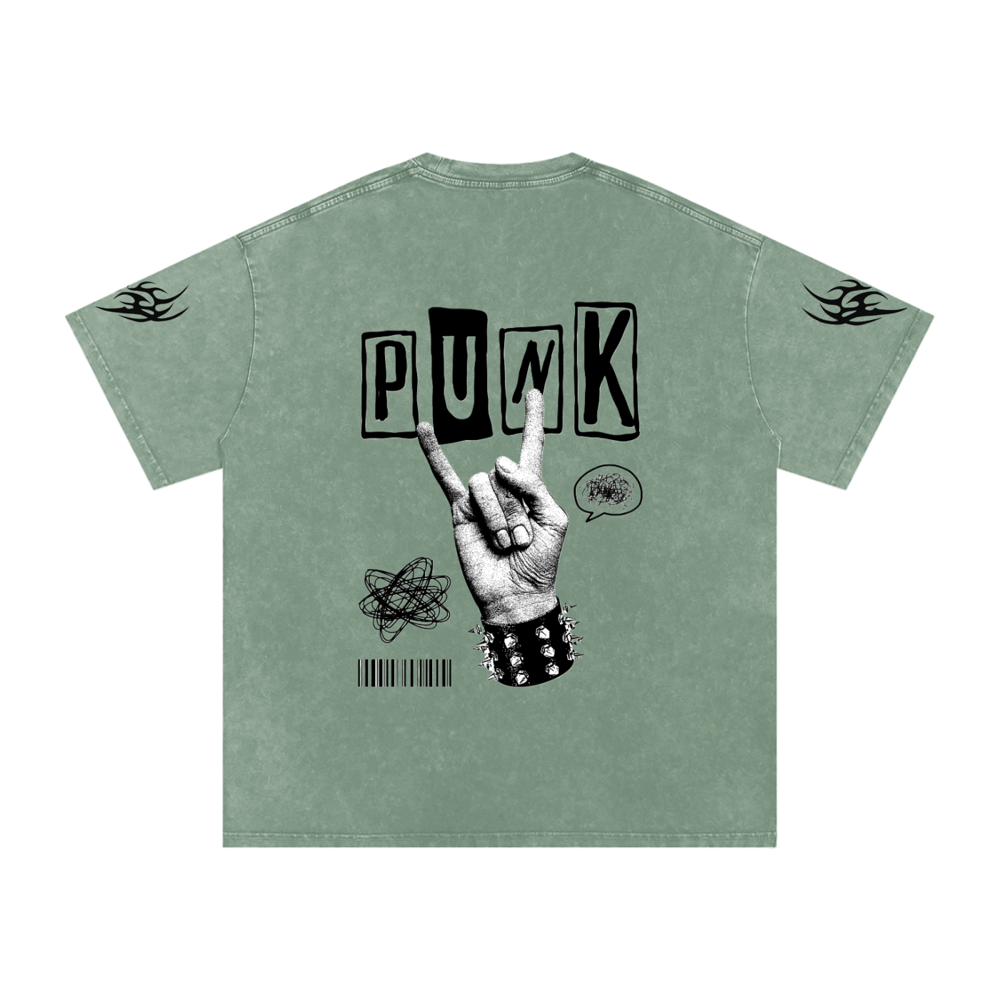 Green punk graphic tee with 'PUNK' text, rock hand sign, and flame sleeve details
