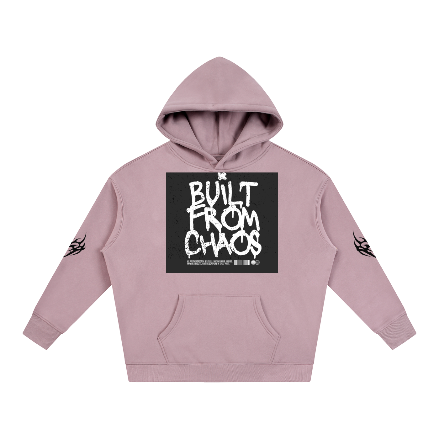 Pink hoodie with 'Built From Chaos' graphic print and tribal sleeve designs, streetwear style