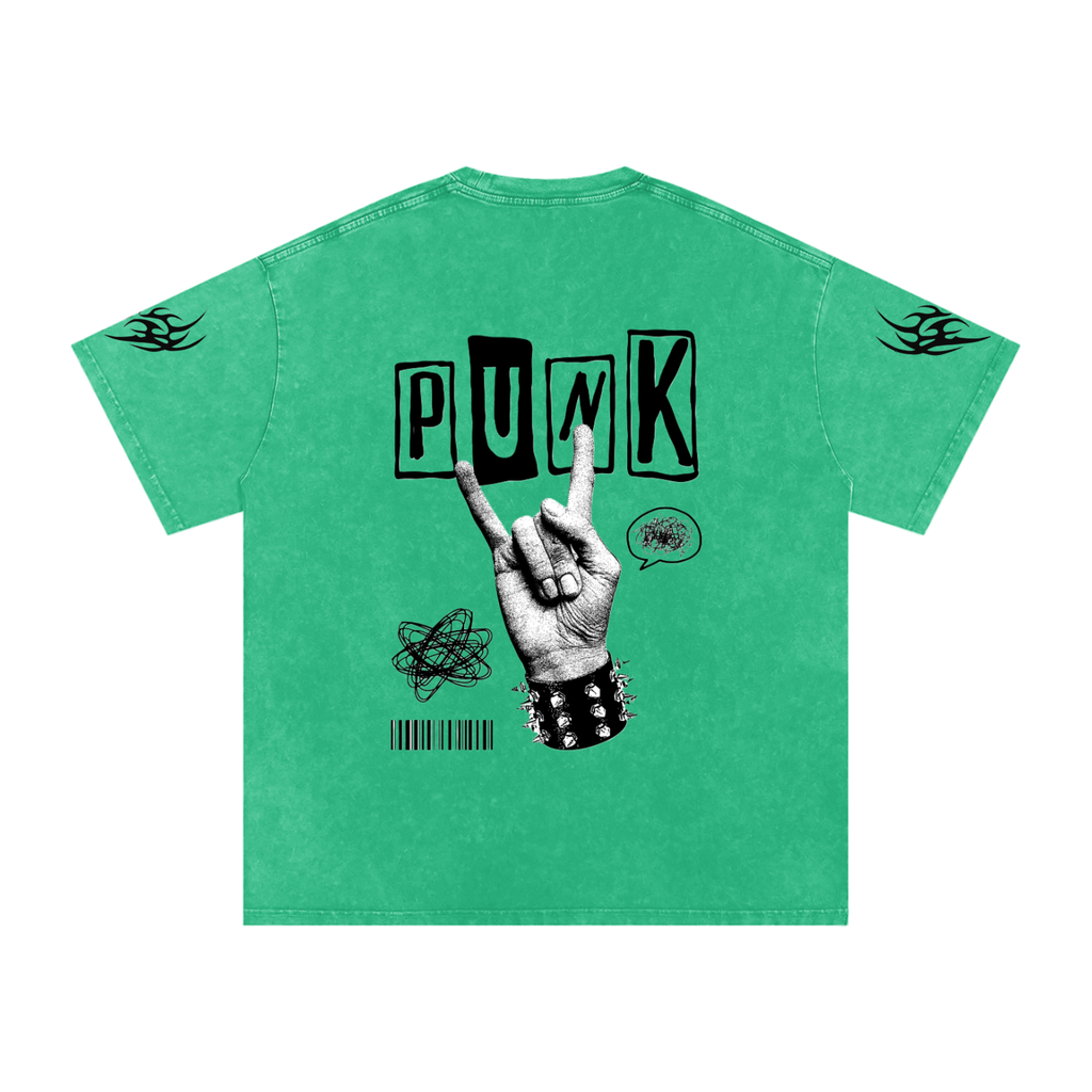 Green punk graphic tee with 'PUNK' text, rock hand sign, and flame sleeve details