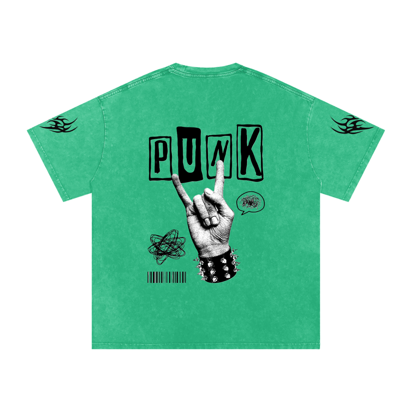 Green punk graphic tee with 'PUNK' text, rock hand sign, and flame sleeve details