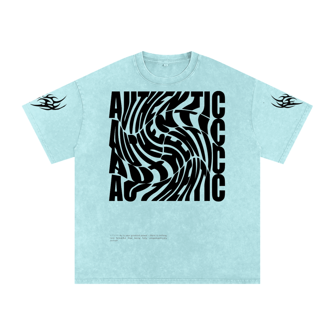 Light blue graphic tee with bold 'AUTHENTIC' spiral print and tribal sleeve designs, oversized fit