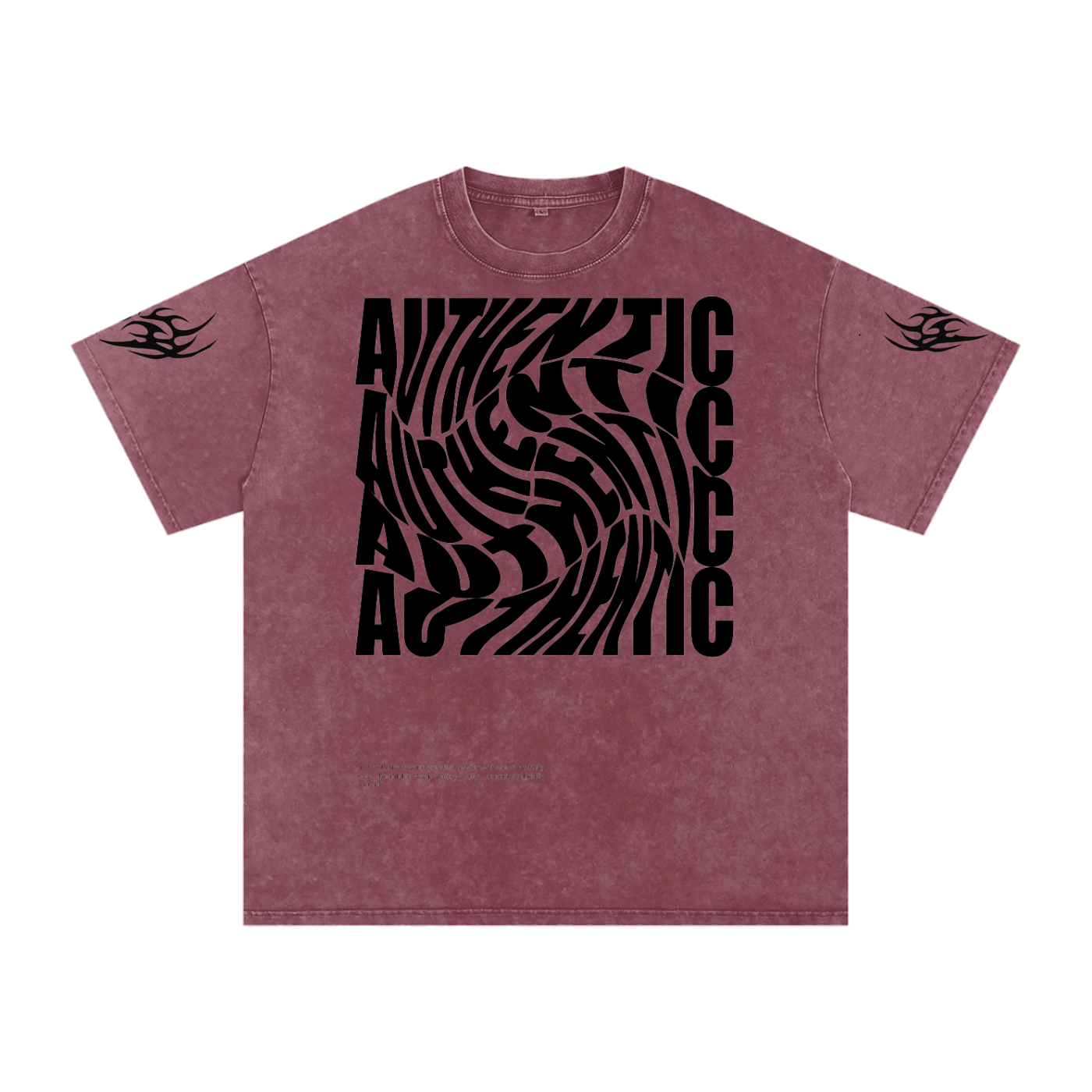Maroon graphic tee with bold 'AUTHENTIC' swirl print and tribal sleeve designs