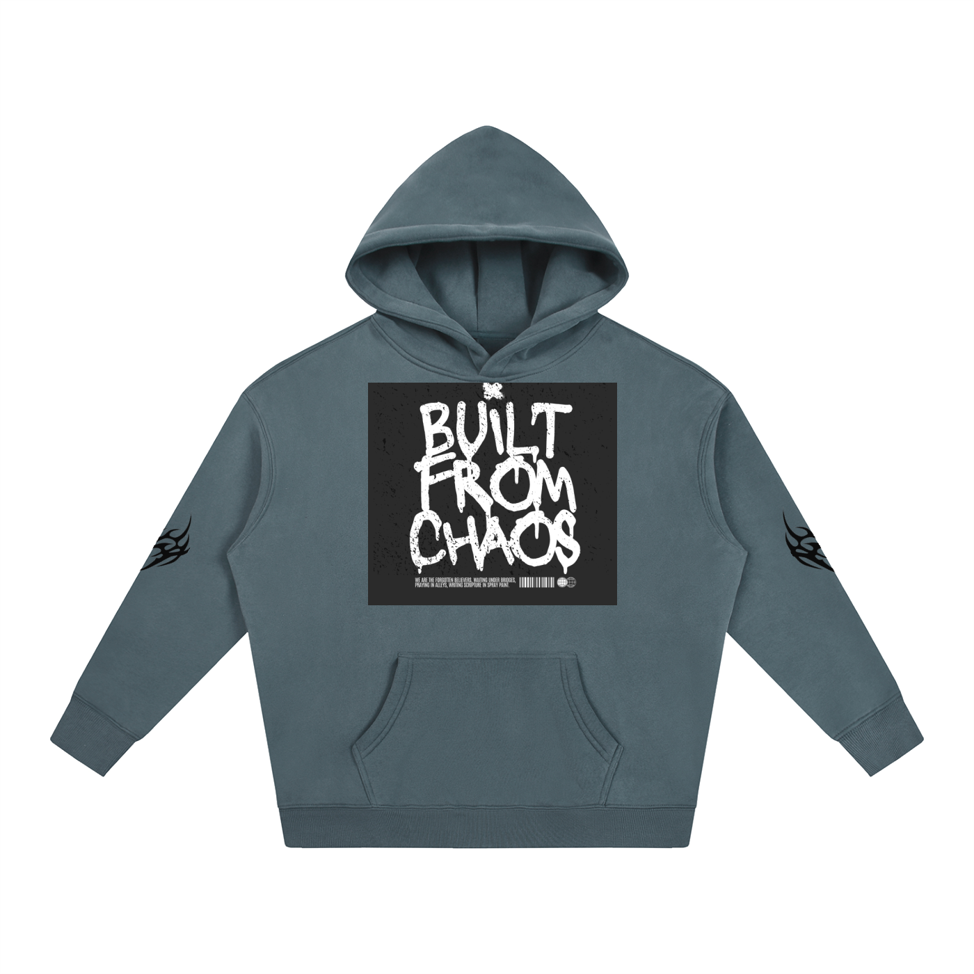 Dark gray hoodie with 'Built From Chaos' graphic print and tribal sleeve designs, streetwear style
