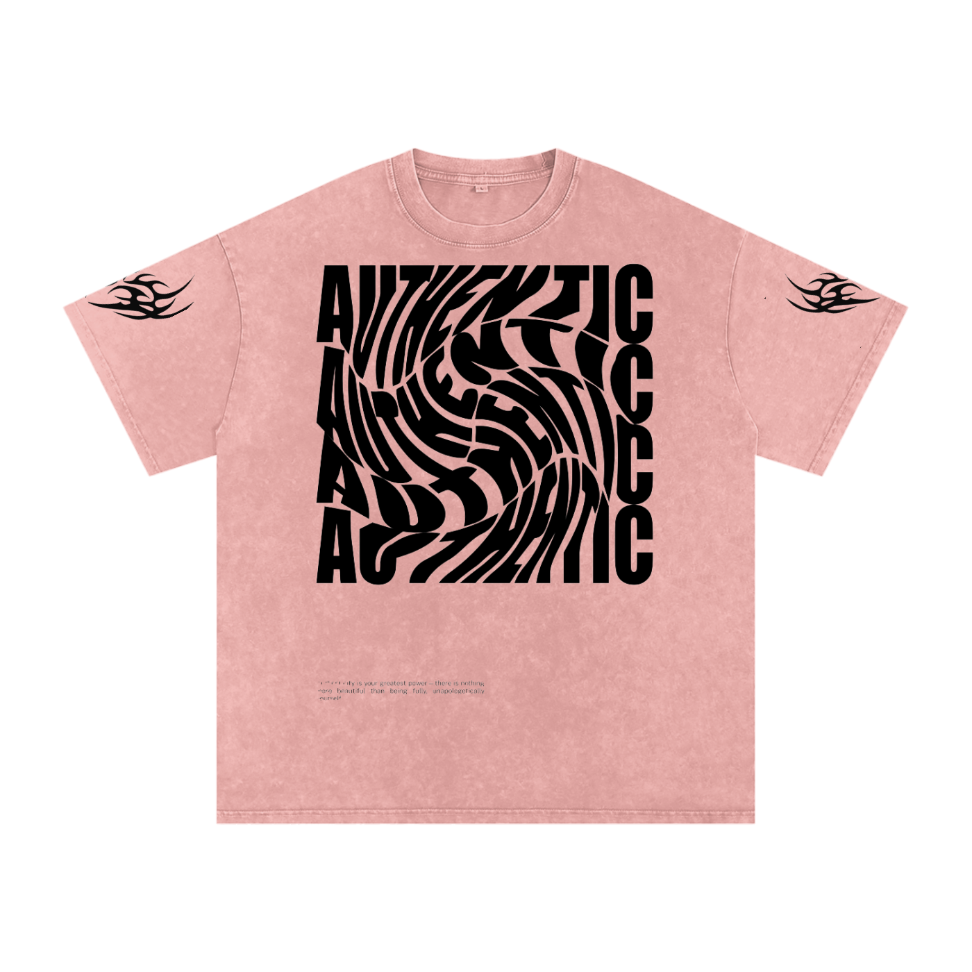 Pink graphic tee with bold 'AUTHENTIC' swirl print and tribal sleeve designs, oversized fit