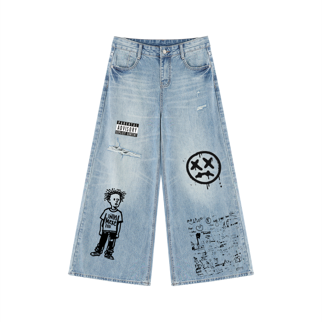 Women's Vintage Wash Distressed Wide Leg Jeans