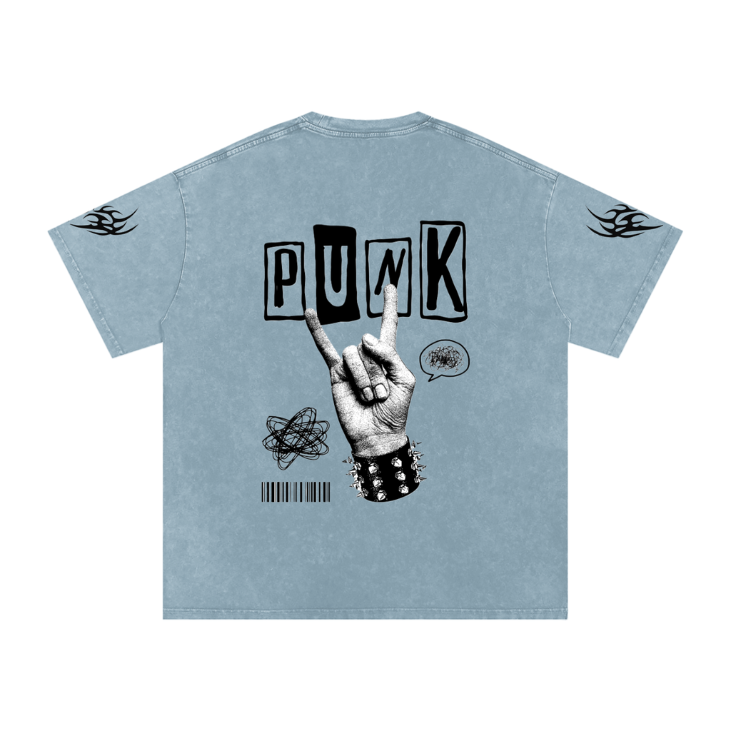 Light blue punk graphic tee with 'PUNK' text, rock hand sign, and flame sleeve details
