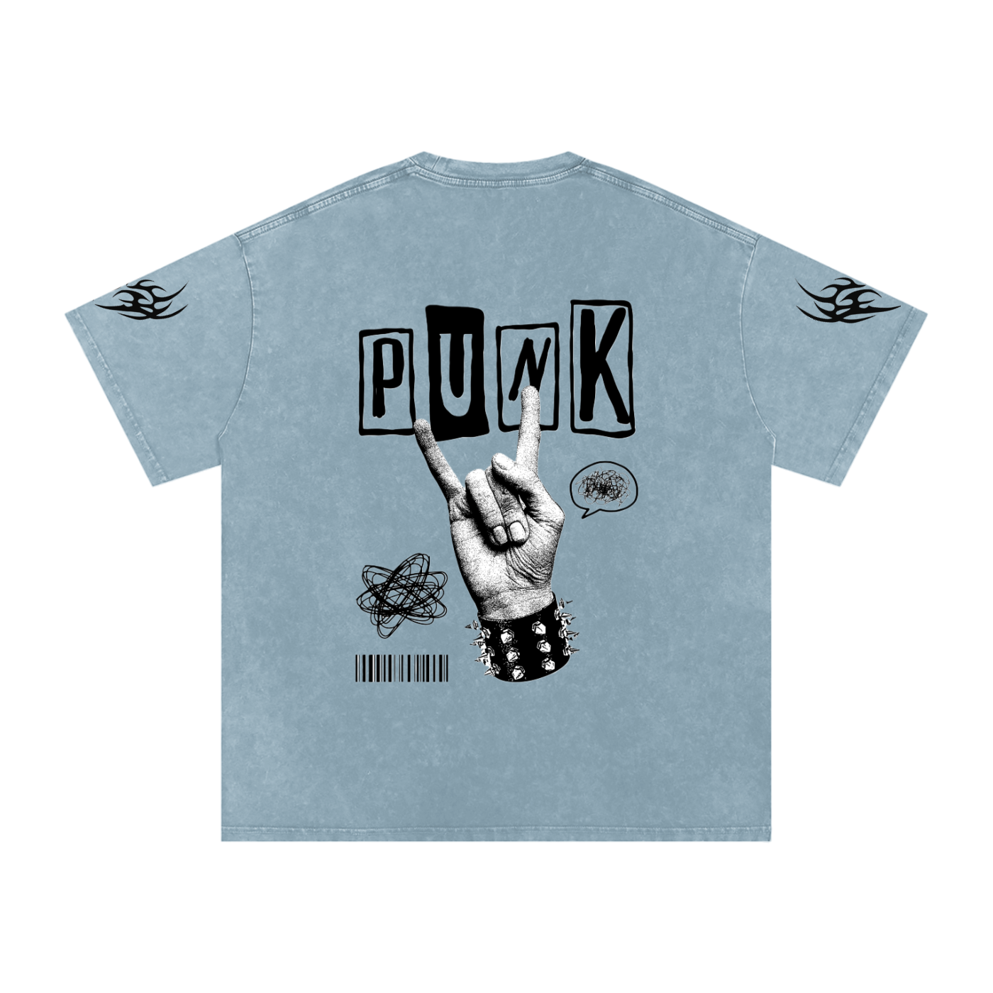 Light blue punk graphic tee with 'PUNK' text, rock hand sign, and flame sleeve details