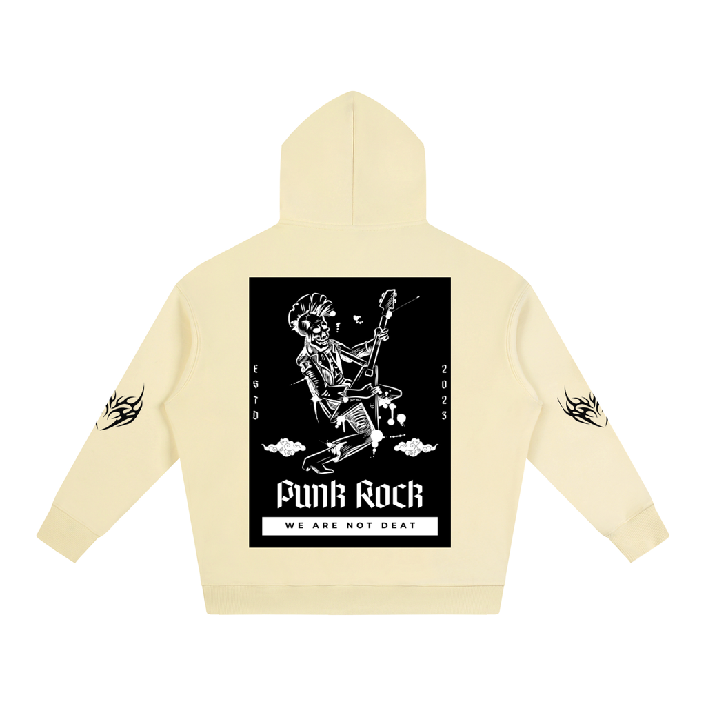 Cream hoodie with punk rock skeleton graphic, flame sleeves, 'Funk Rock' text, and 'We Are Not Dead' slogan