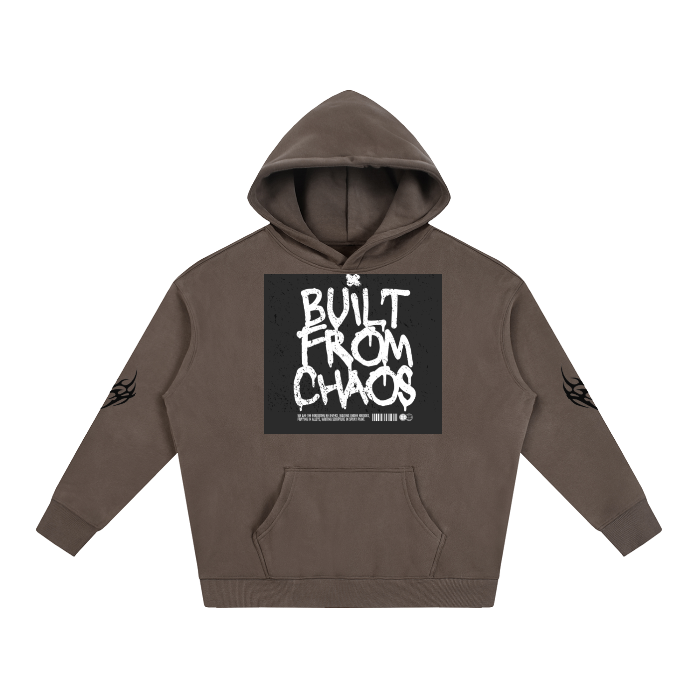 Brown hoodie with 'Built From Chaos' graphic print and flame sleeve details, streetwear style