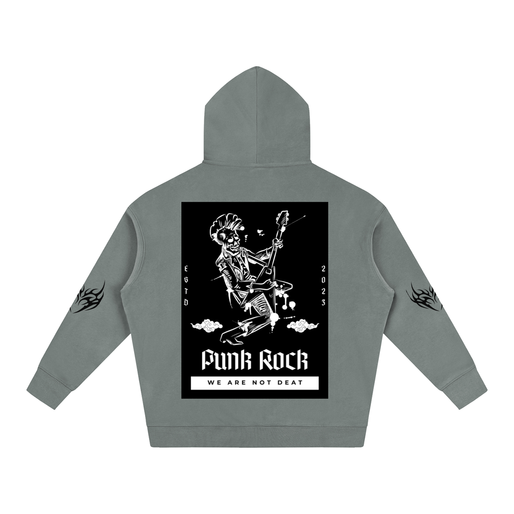 Gray hoodie with punk rock skeleton graphic, flame sleeves, 'Funk Rock We Are Not Dead' back print