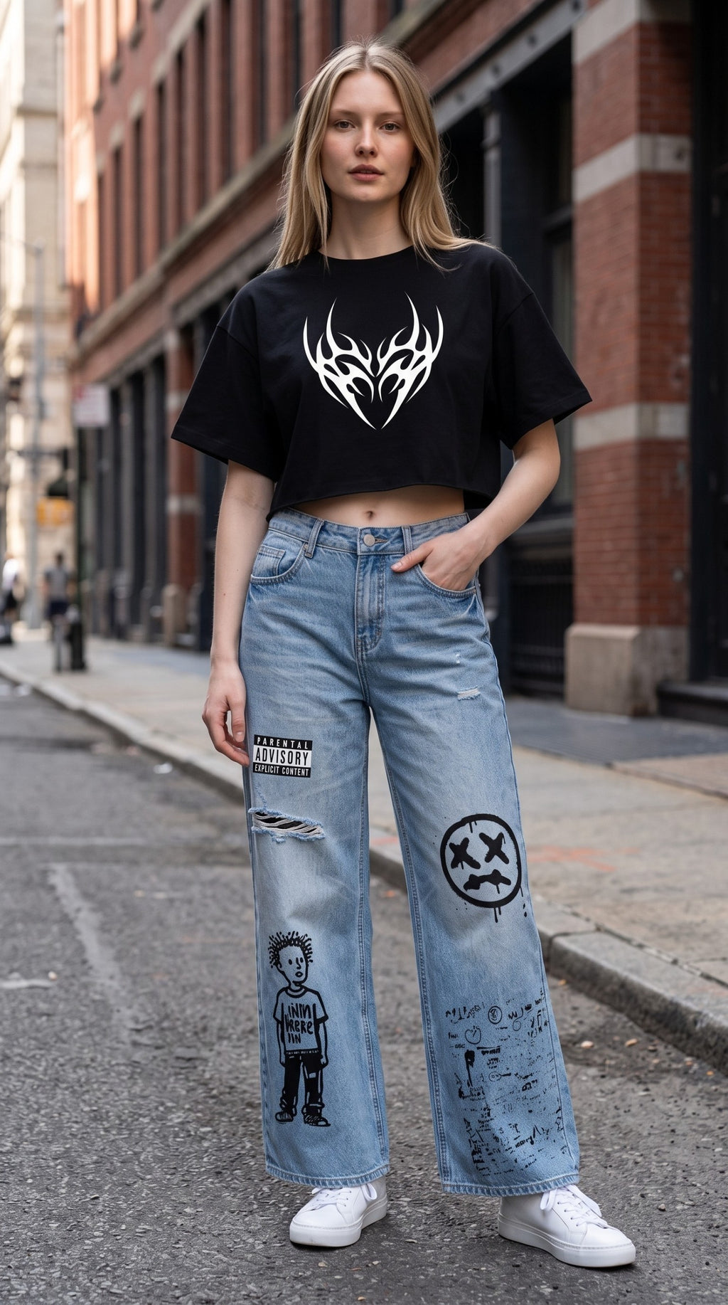 ALTRD Apparel black boxy batwing sleeve t-shirt with white graphic print worn by a woman with light blue jeans
