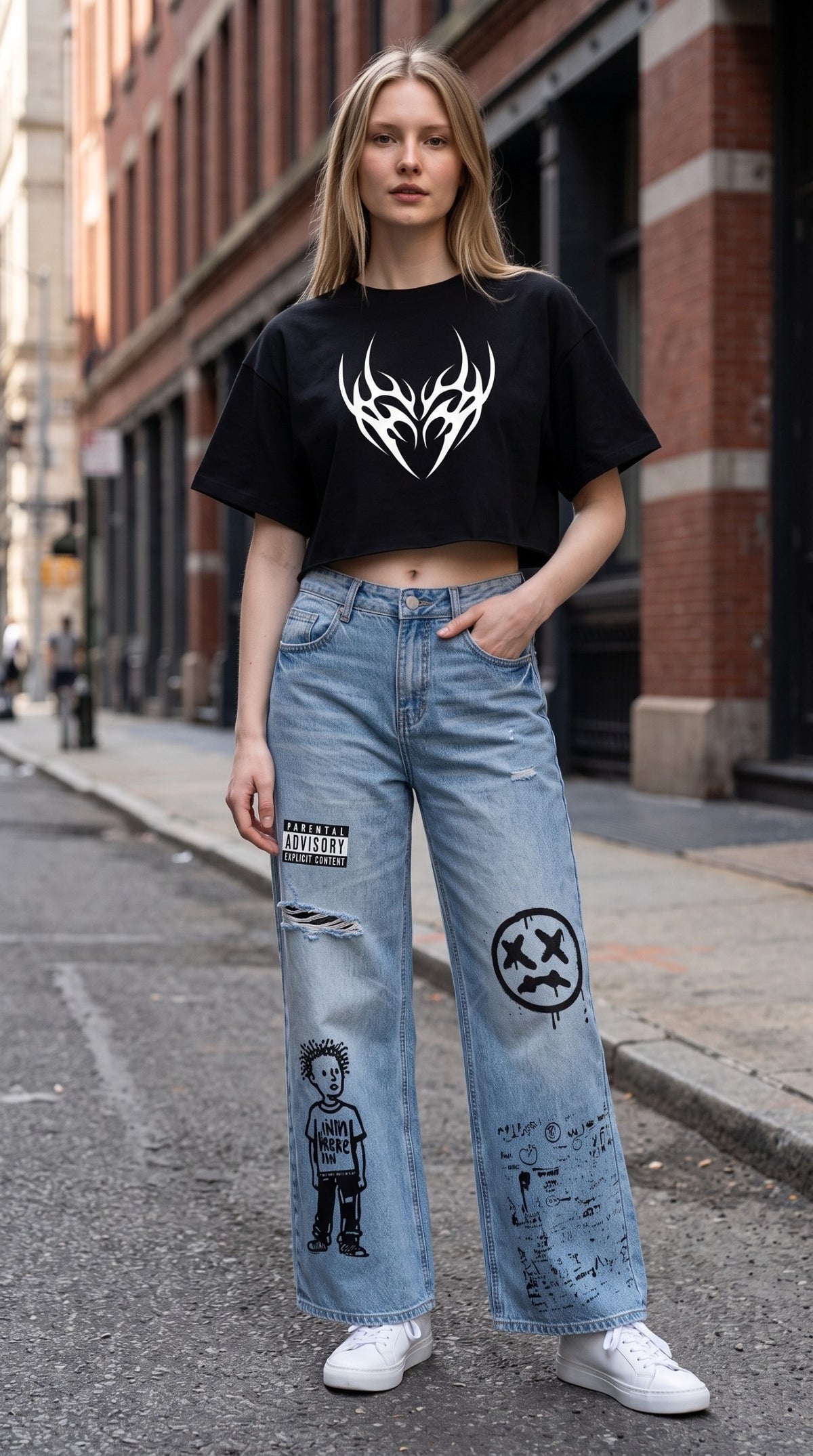 ALTRD Apparel black boxy batwing sleeve t-shirt with white graphic print worn by a woman with light blue jeans