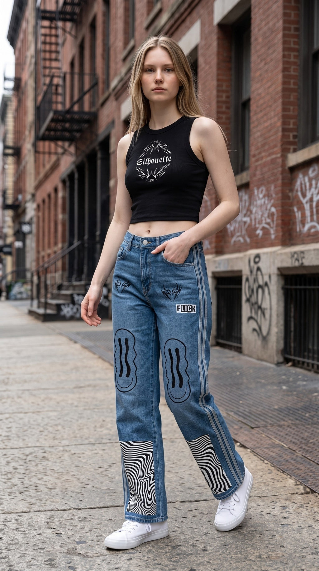 ALTRD Apparel black crewneck crop tank top worn by a woman with graphic blue jeans on a city street