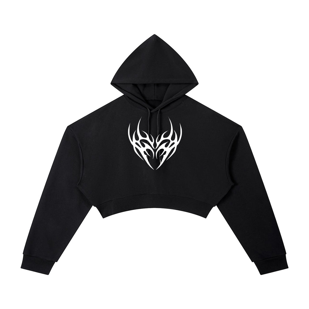 ALTRD Apparel black cropped hoodie with long sleeves, drawstring hood, and a white tribal heart graphic on the chest.