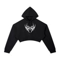 ALTRD Apparel black cropped hoodie with long sleeves, drawstring hood, and a white tribal heart graphic on the chest.