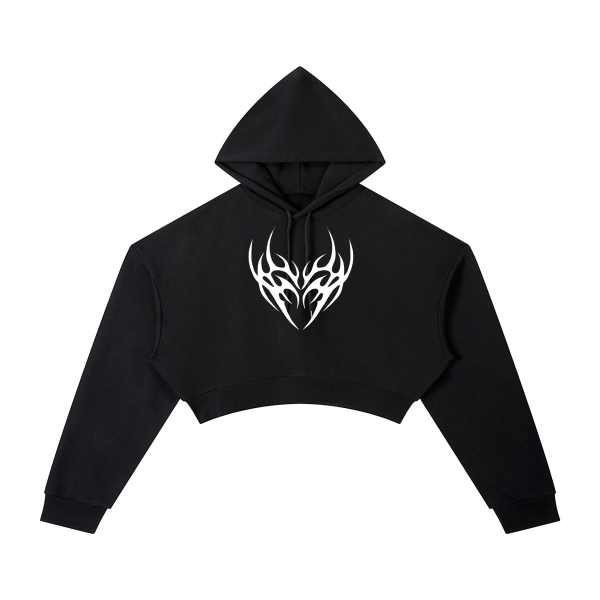 ALTRD Apparel black cropped hoodie with long sleeves, drawstring hood, and a white tribal heart graphic on the chest.