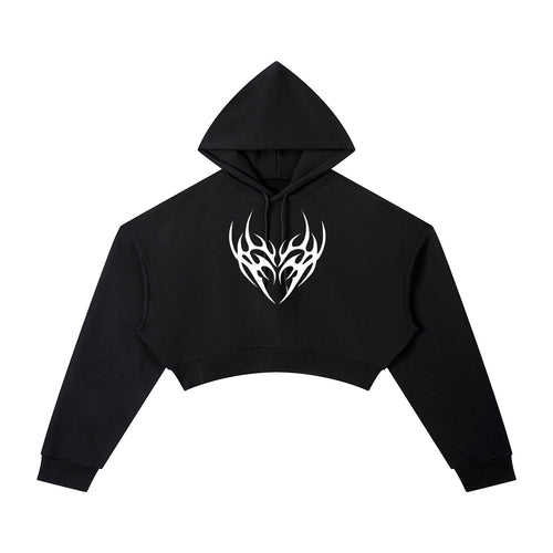 ALTRD Apparel black cropped hoodie with long sleeves, drawstring hood, and a white tribal heart graphic on the chest.