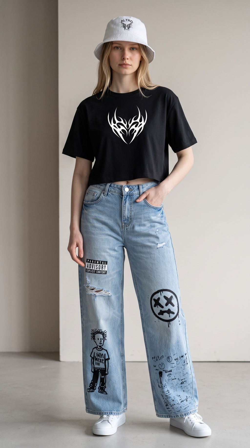 ALTRD Apparel wide leg jeans with vintage wash, distressed details, and graphic prints worn with a black crop top.
