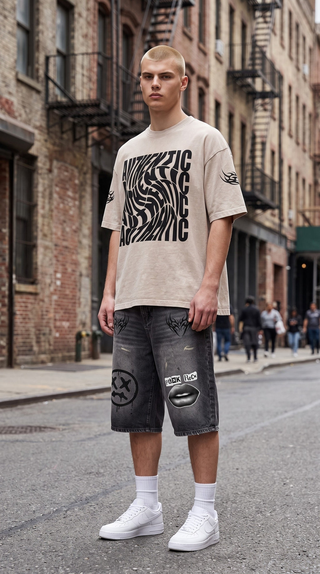 ALTRD Apparel oversized snow washed cotton t-shirt with black graphic print worn by a model on a city street