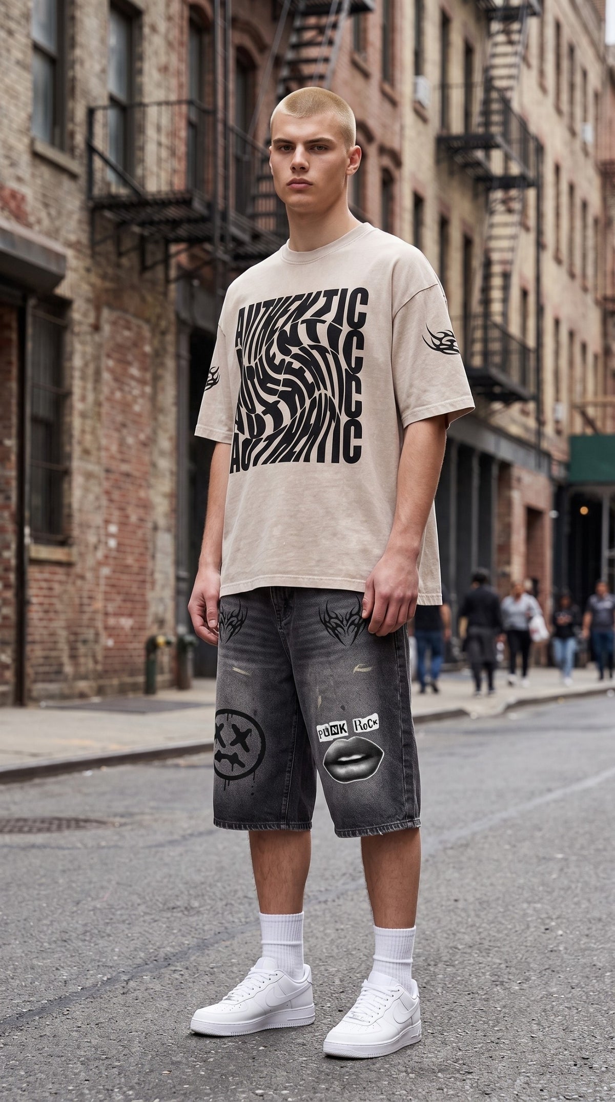 ALTRD Apparel oversized snow washed cotton t-shirt with black graphic print worn by a model on a city street