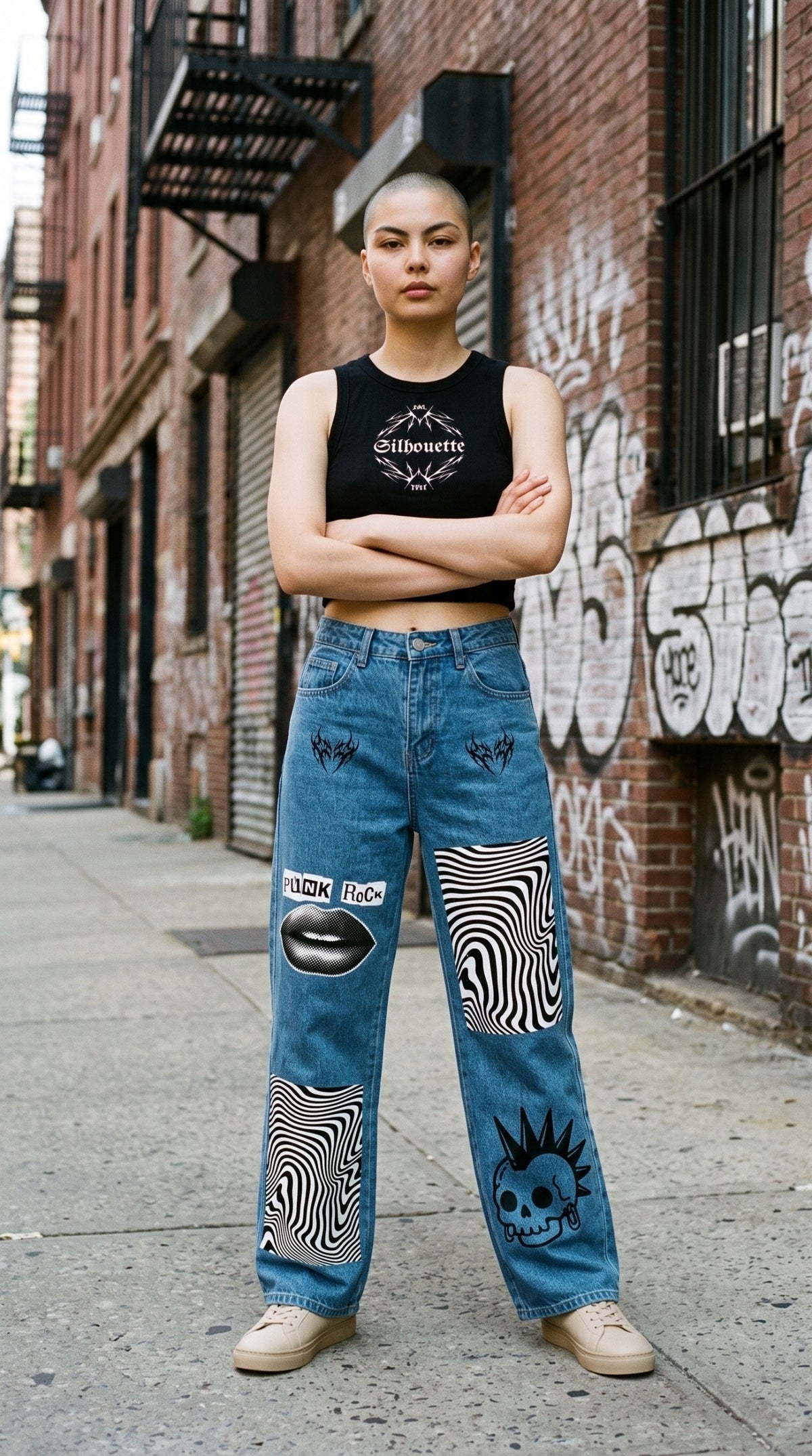 Model wearing ALTRD Apparel wide leg denim jeans with patchwork graphic prints in an urban street setting.