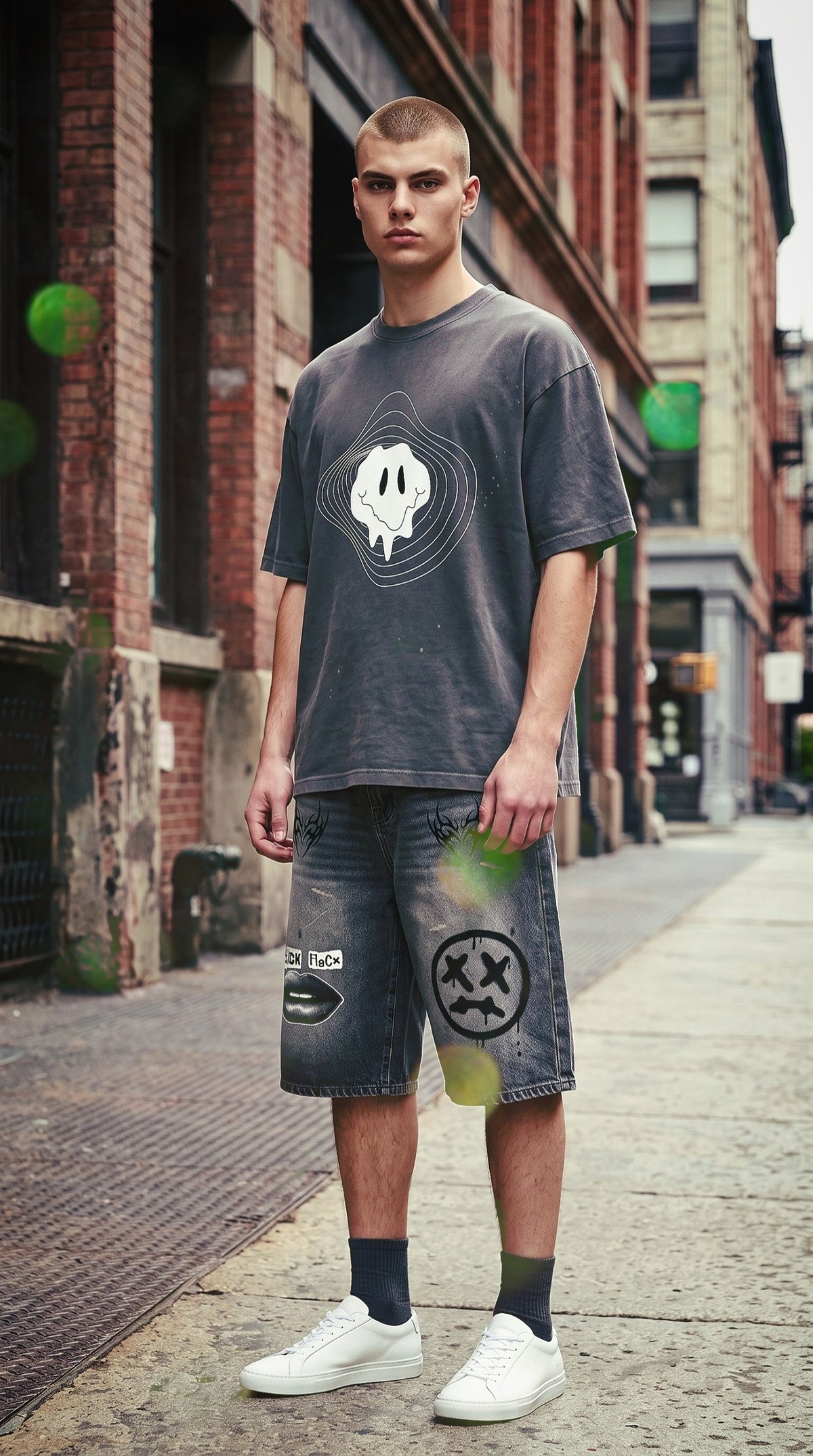 ALTRD Apparel oversized sunfade t-shirt with hand-frayed edges and paint splatter on a model in a city street.