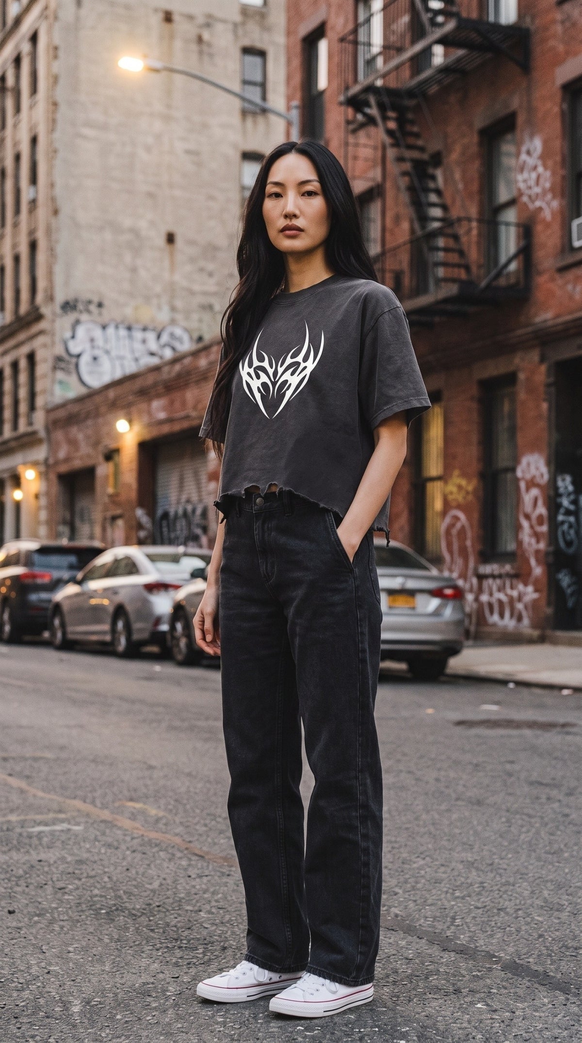 Model wearing ALTRD Apparel vintage wash boxy t-shirt with raw distressed hem and white graphic on city street