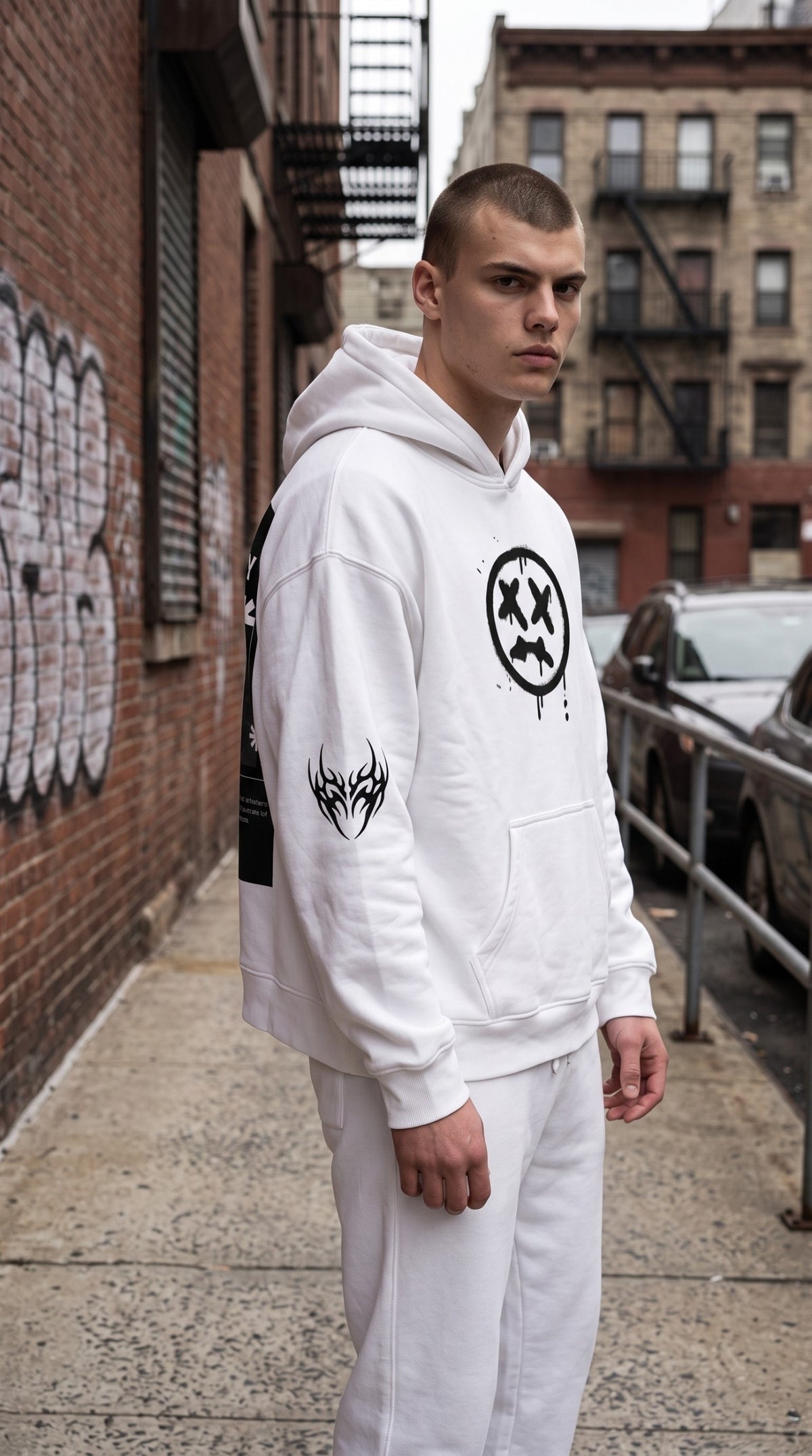 ALTRD Apparel white oversized fleece hoodie with graphic print on chest and sleeve worn by a man in an urban setting